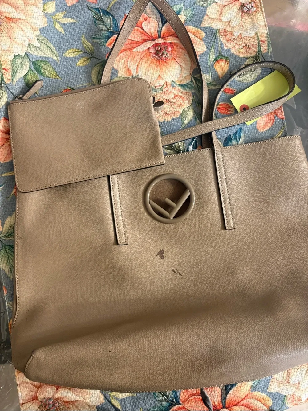Fendi Taupe Leather Tote with Signature Round Logo